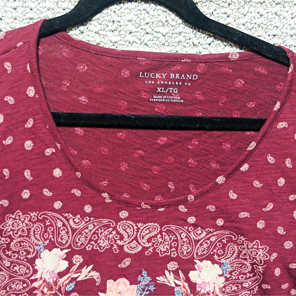 #F1-Lucky Brand Women's XL Burgundy Cotton Knit Paisley Boho Scoop Neck 3/4 Tee